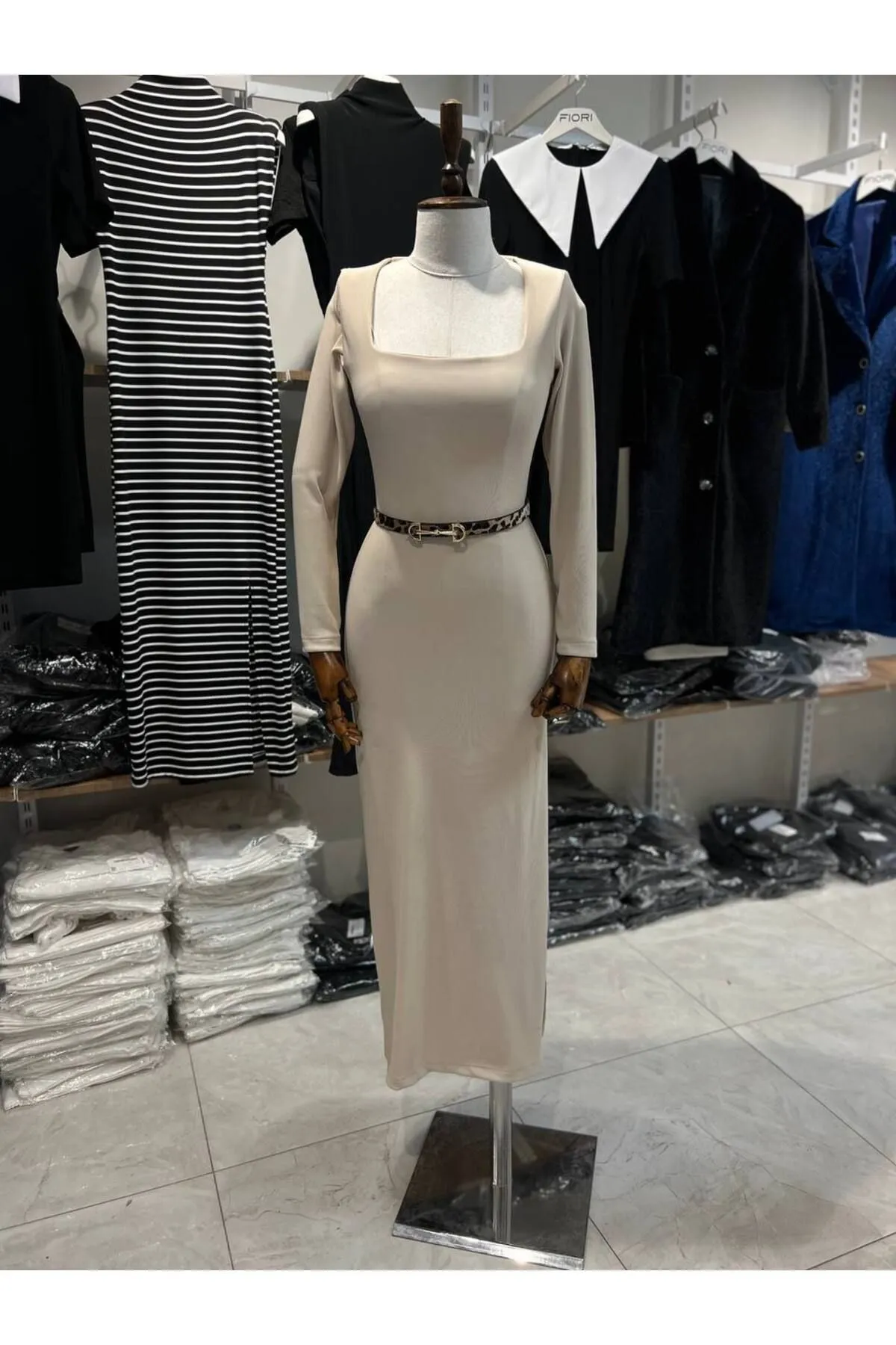 Ottoman Fabric Square Neck Long Sleeve Black Dress - Brand: Fiori - Women & Kids, Baby Clothes Wholesale - TheBS Women