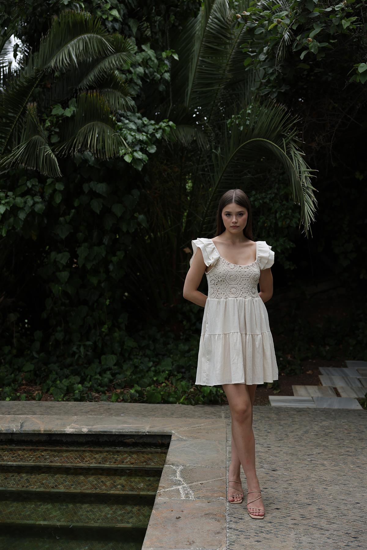Short Kopanaki Detailed Dress - Ecru - Brand: Reyon - Women & Kids, Baby Clothes Wholesale - TheBS Women