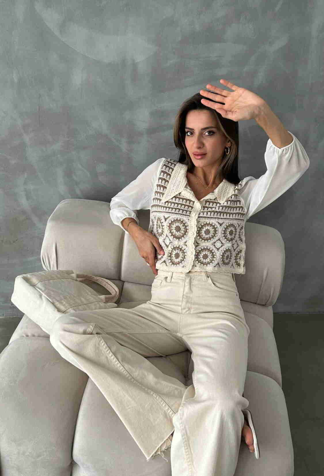 Stone Brown Floral Patterned Beaded Short Cardigan - Brand: Topshow - Women & Kids, Baby Clothes Wholesale - TheBS Women