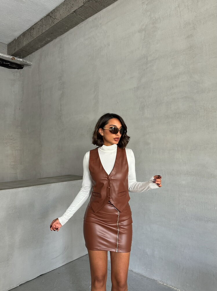 Zippered Leather Skirt – Tan – Brand: Topshow – Women & Kids, Baby Clothes Wholesale – TheBS Women