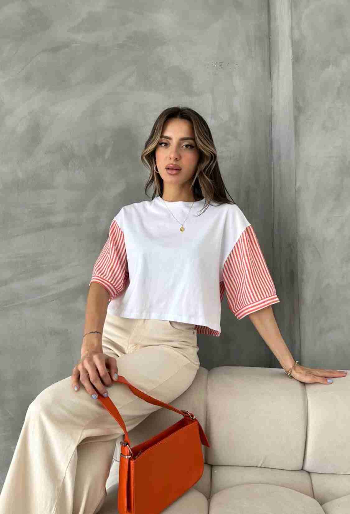 Orange Striped Poplin Sleeve T-shirt - Brand: Topshow - Women & Kids, Baby Clothes Wholesale - TheBS Women