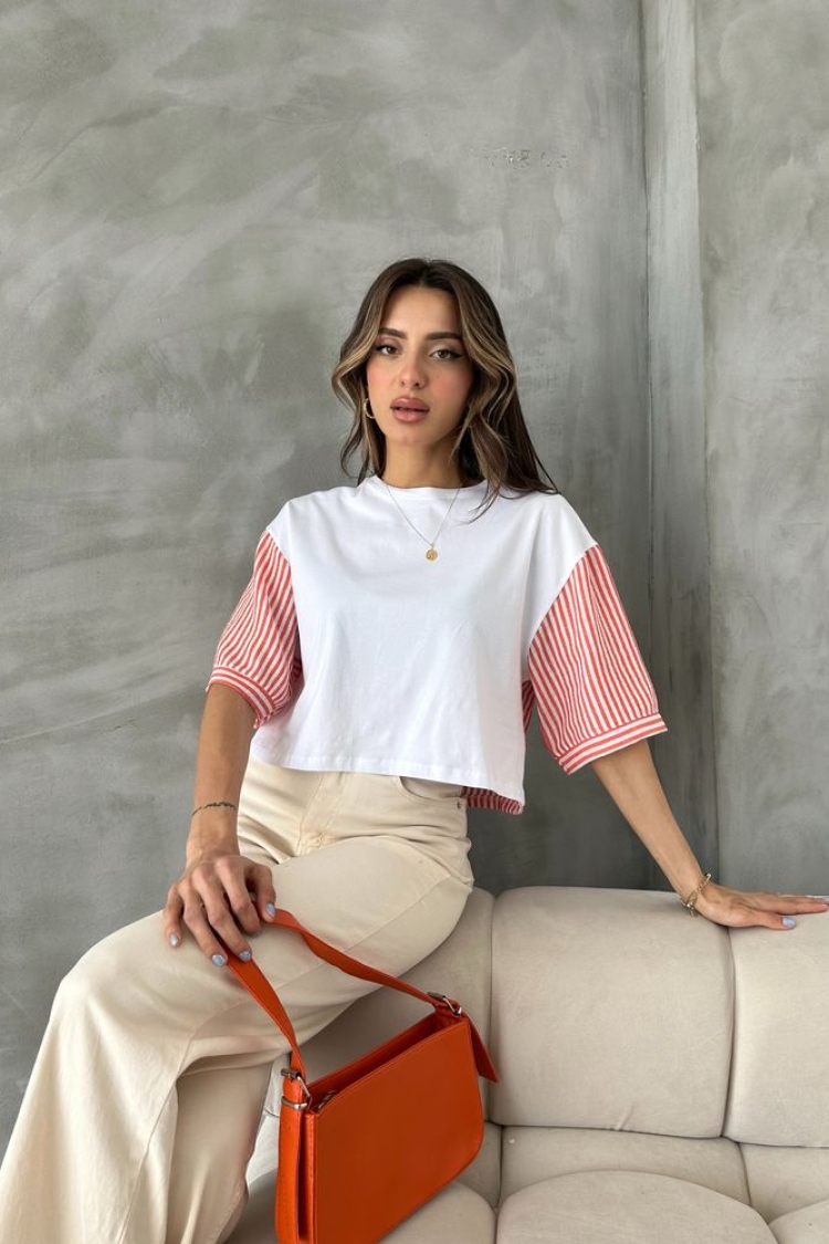 Orange Striped Poplin Sleeve T-shirt - Brand: Topshow - Women & Kids, Baby Clothes Wholesale - TheBS Women
