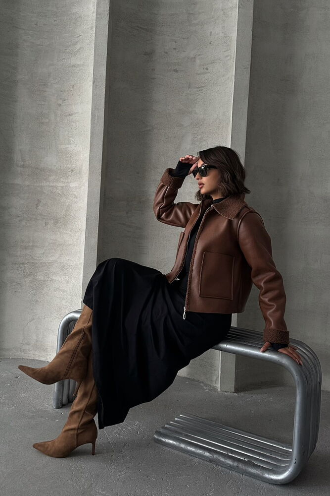 Tan Laminated Leather Zippered Coat - Brand: Topshow - Women & Kids, Baby Clothes Wholesale - TheBS Women