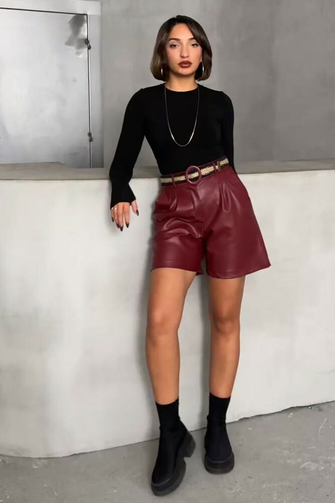 Burgundy Belted Leather Wholesale Shorts - Brand: Topshow - Women & Kids, Baby Clothes Wholesale - TheBS Women