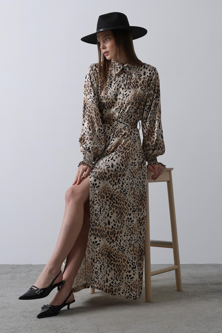 Leopard Patterned Gipel Dress - Brown - Brand: Reyon - Women & Kids, Baby Clothes Wholesale - TheBS Women