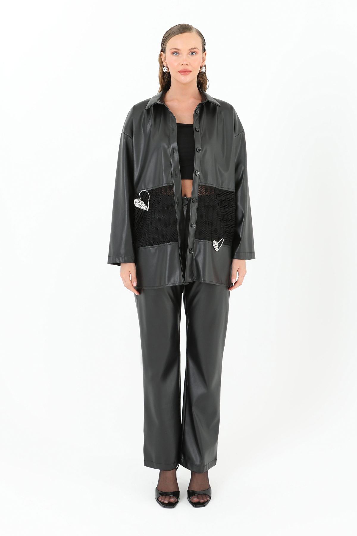 Women's Mesh Detailed Leather Shirt - Brand: SOUL - Women & Kids, Baby Clothes Wholesale - TheBS Women