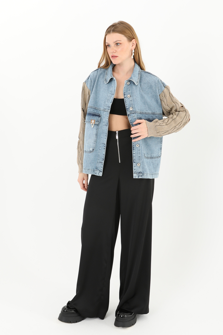 Women's Knitted Sleeve Detailed Denim Jacket - Brand: SOUL - Women & Kids, Baby Clothes Wholesale - TheBS Women
