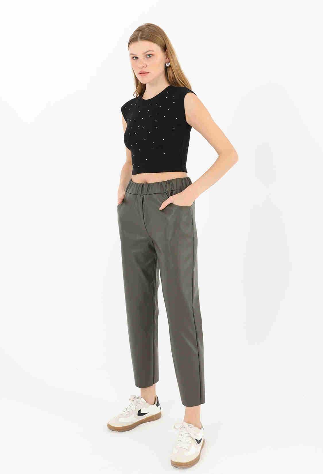 Women's Elastic Waist Pocket Detailed Leather Trousers - Brand: Puane - Women & Kids, Baby Clothes Wholesale - TheBS Women