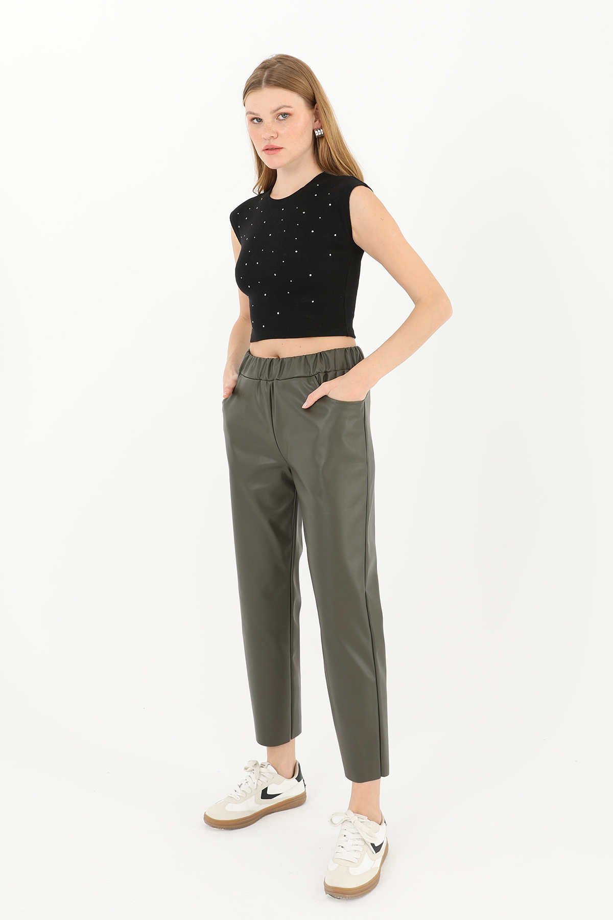 Women's Elastic Waist Pocket Detailed Leather Trousers - Brand: Puane - Women & Kids, Baby Clothes Wholesale - TheBS Women