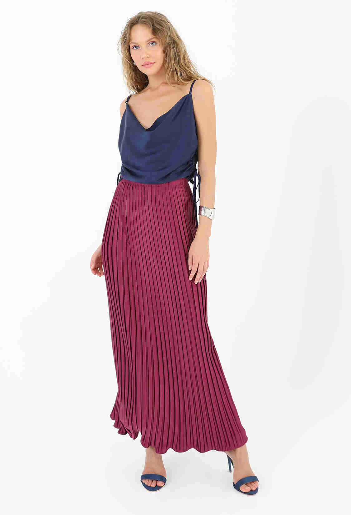 Pleated Long Satin Skirt - Plum - Brand: SOUL - Women & Kids, Baby Clothes Wholesale - TheBS Women