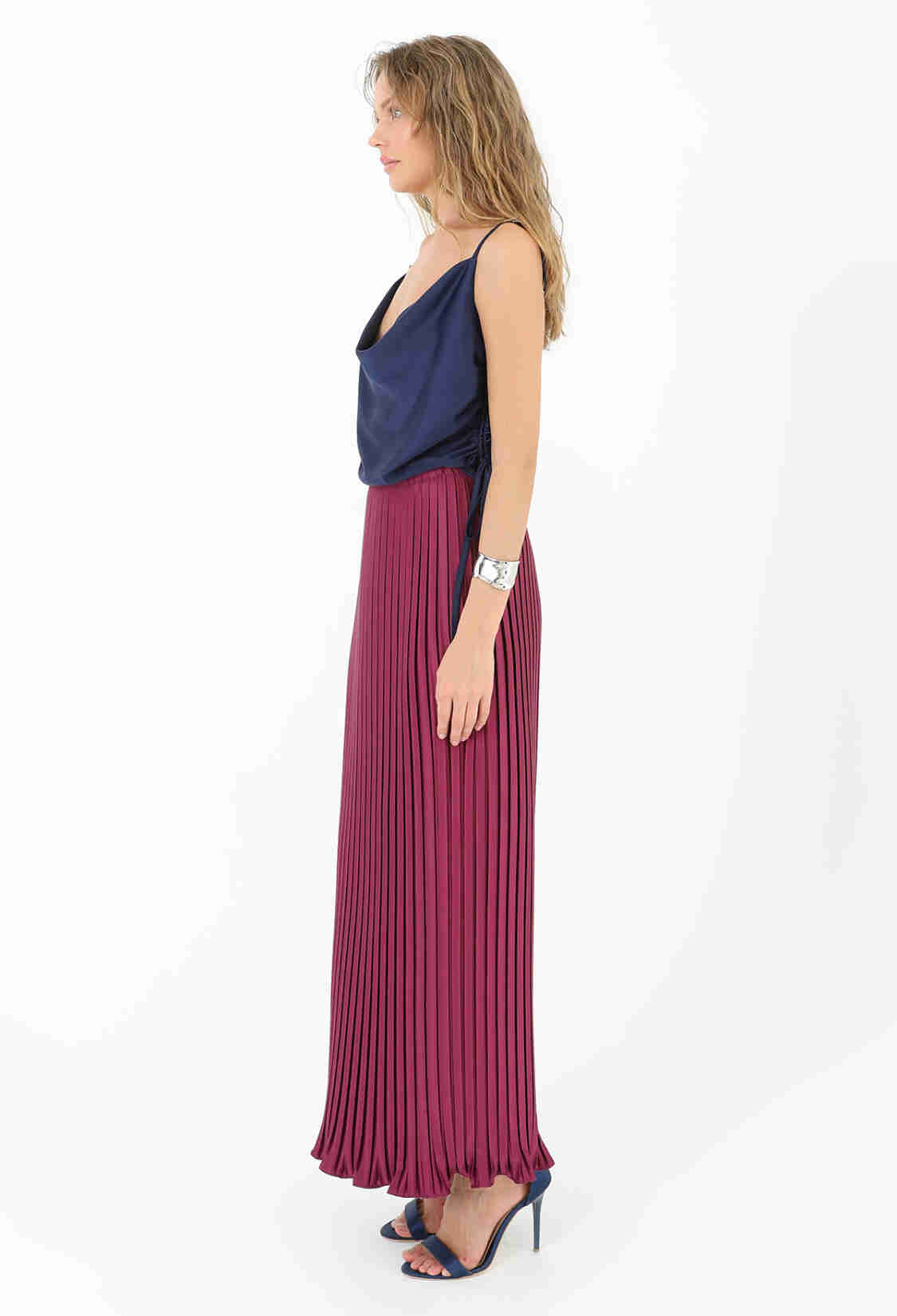 Pleated Long Satin Skirt - Plum - Brand: SOUL - Women & Kids, Baby Clothes Wholesale - TheBS Women