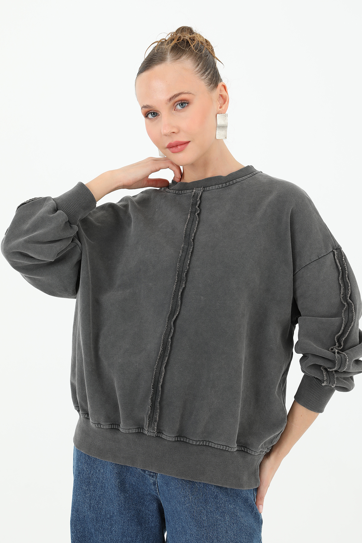 Distressed Sweatshirt With Stitching Details - Anthracite - Brand: SOUL - Women & Kids, Baby Clothes Wholesale - TheBS Women