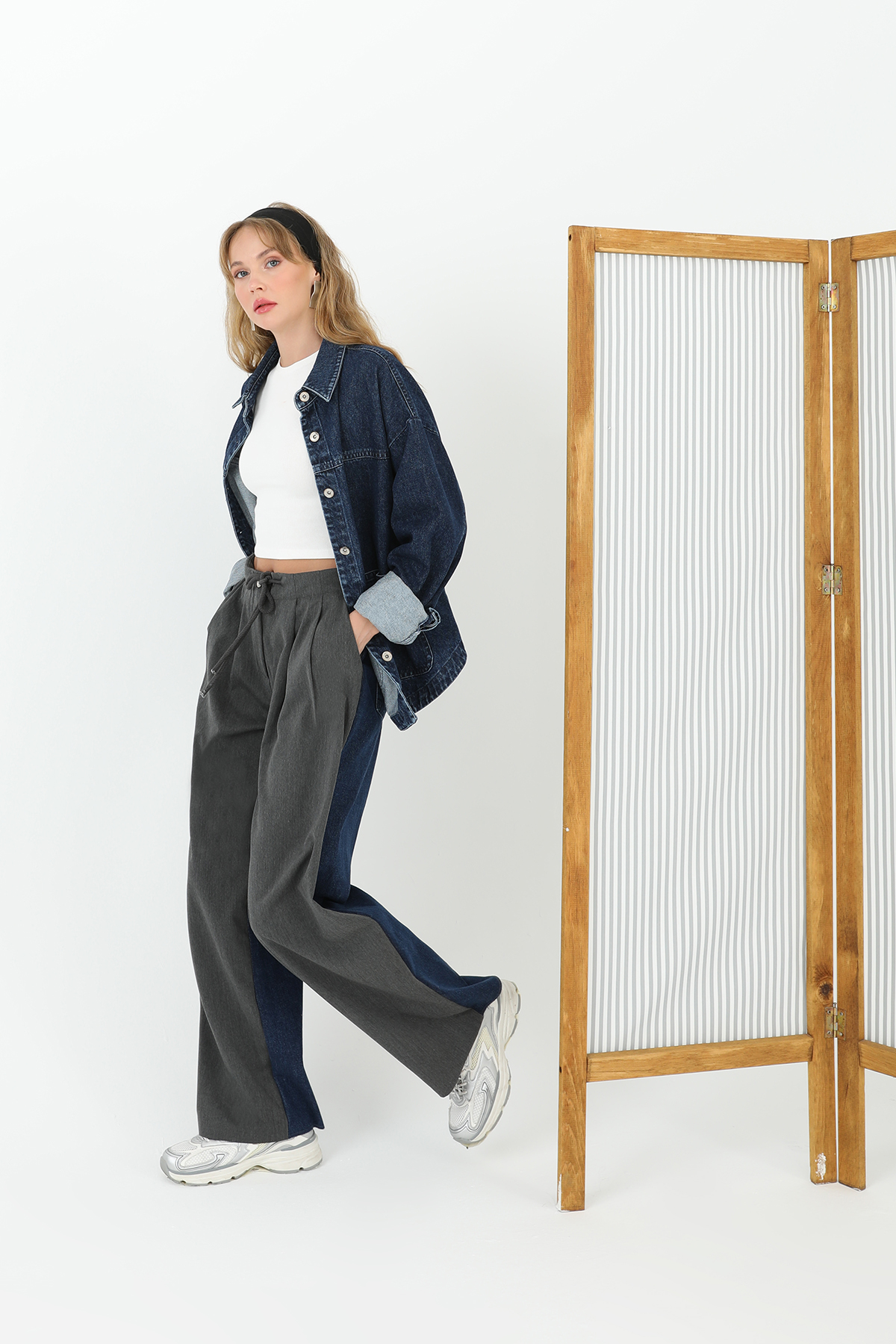 Wide Leg Trousers With Denim Back And Knitwear Front - Anthracite & Blue - Brand: SOUL - Women & Kids, Baby Clothes Wholesale - TheBS Women