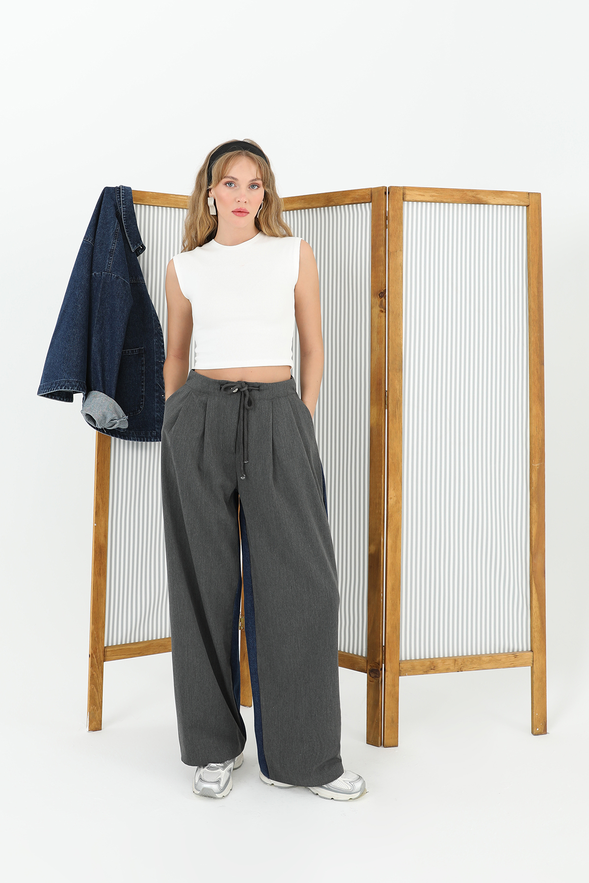 Wide Leg Trousers With Denim Back And Knitwear Front – Anthracite & Blue – Brand: SOUL – Women & Kids, Baby Clothes Wholesale – TheBS Women