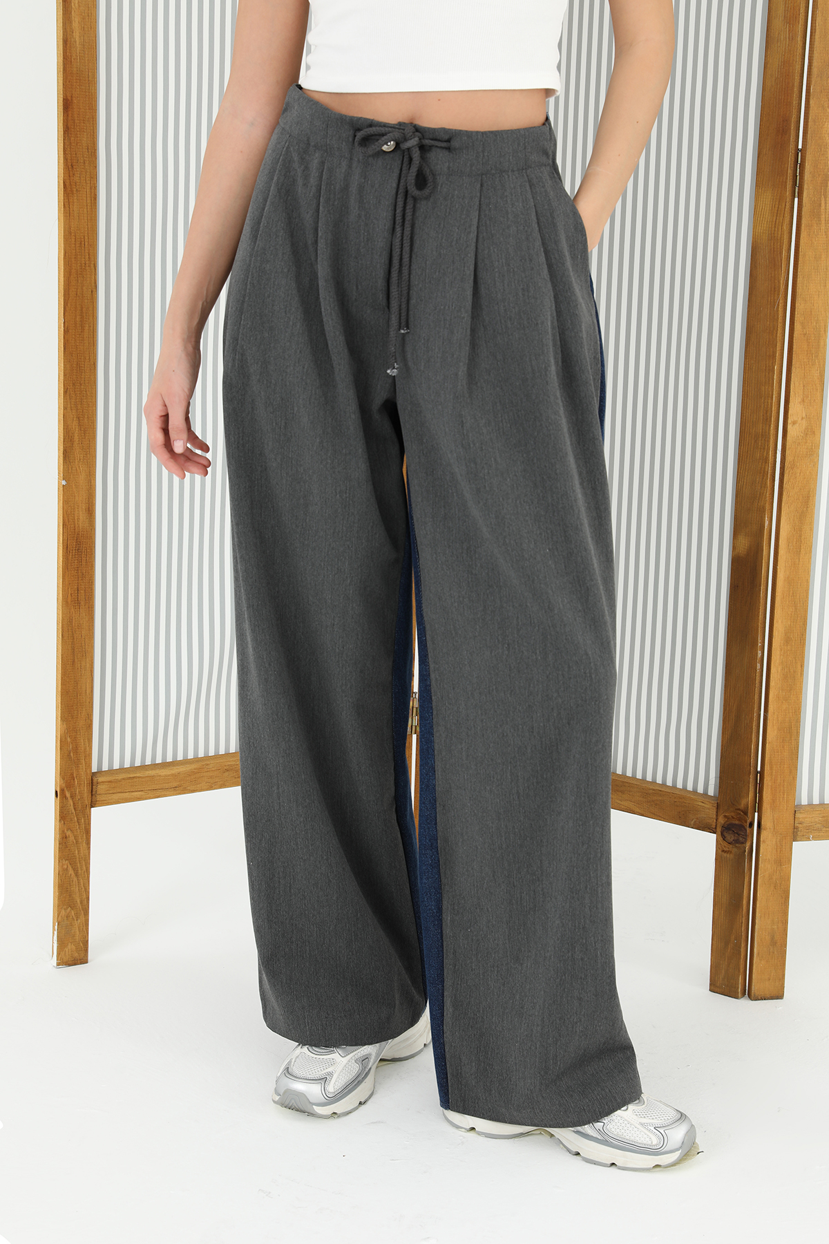 Wide Leg Trousers With Denim Back And Knitwear Front – Anthracite & Blue – Brand: SOUL – Women & Kids, Baby Clothes Wholesale – TheBS Women