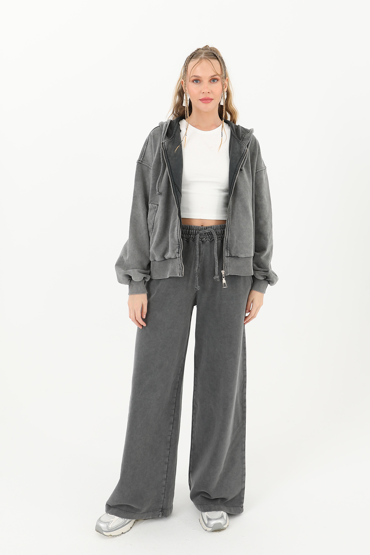 Zippered Hooded Vintage Sweatshirt - Anthracite - Brand: SOUL - Women & Kids, Baby Clothes Wholesale - TheBS Women