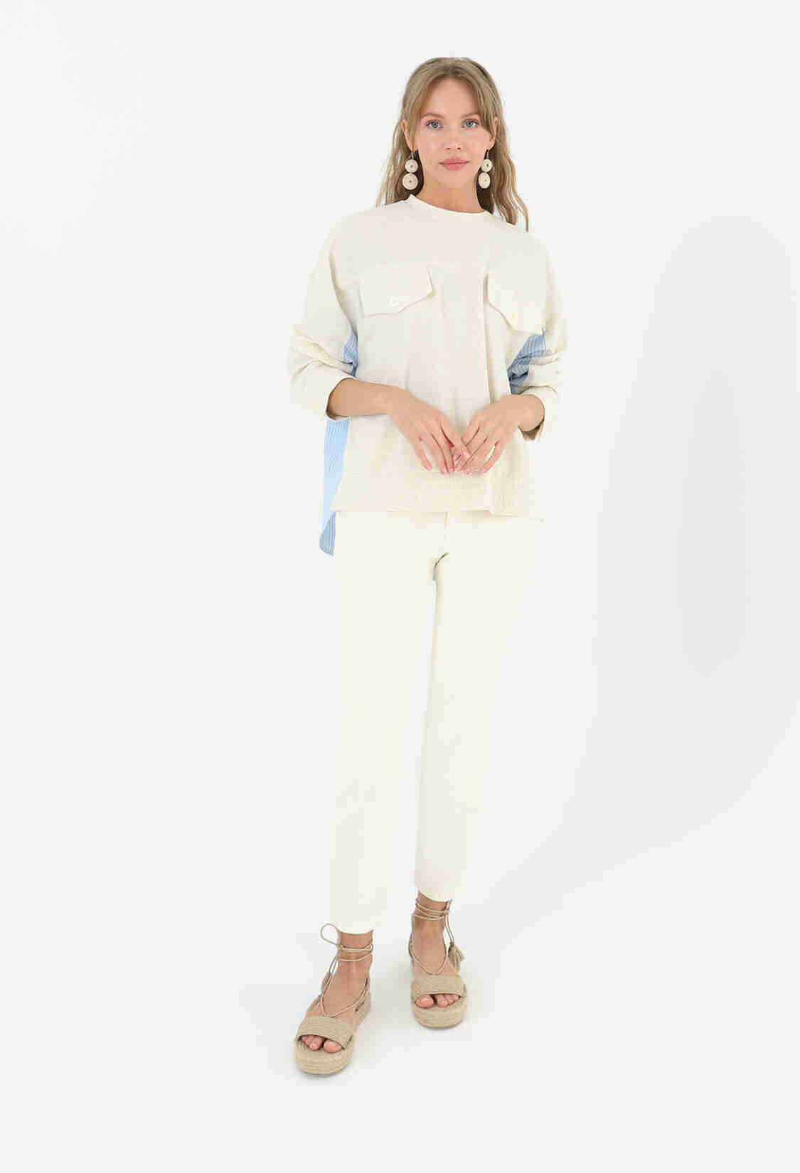 Front Pocket Back Poplin Blouse - Beige & Blue - Brand: SOUL - Women & Kids, Baby Clothes Wholesale - TheBS Women