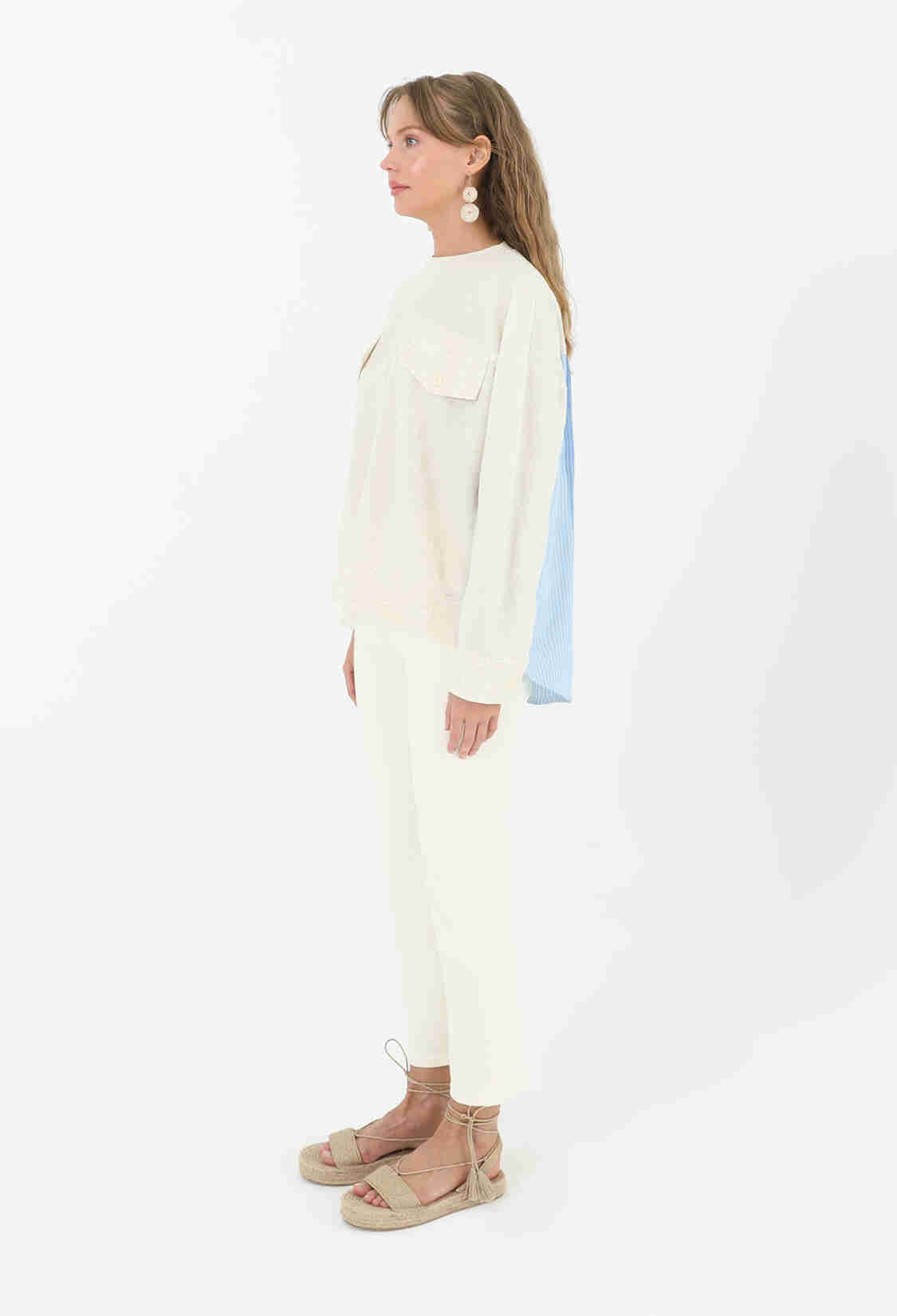 Front Pocket Back Poplin Blouse - Beige & Blue - Brand: SOUL - Women & Kids, Baby Clothes Wholesale - TheBS Women