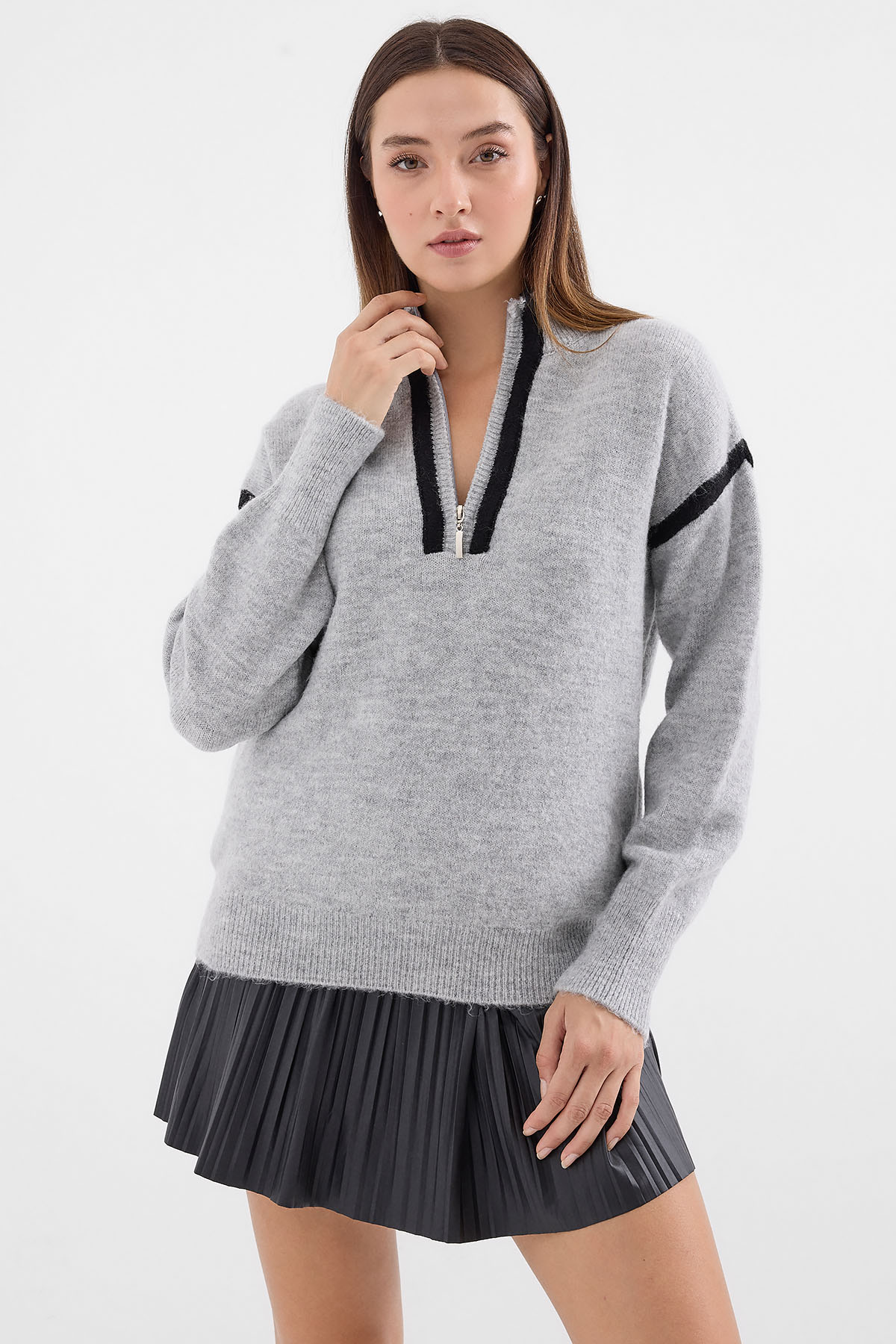 Zippered Oversize Sweater - Gray - Brand: Bigdart - Women & Kids, Baby Clothes Wholesale - TheBS Women
