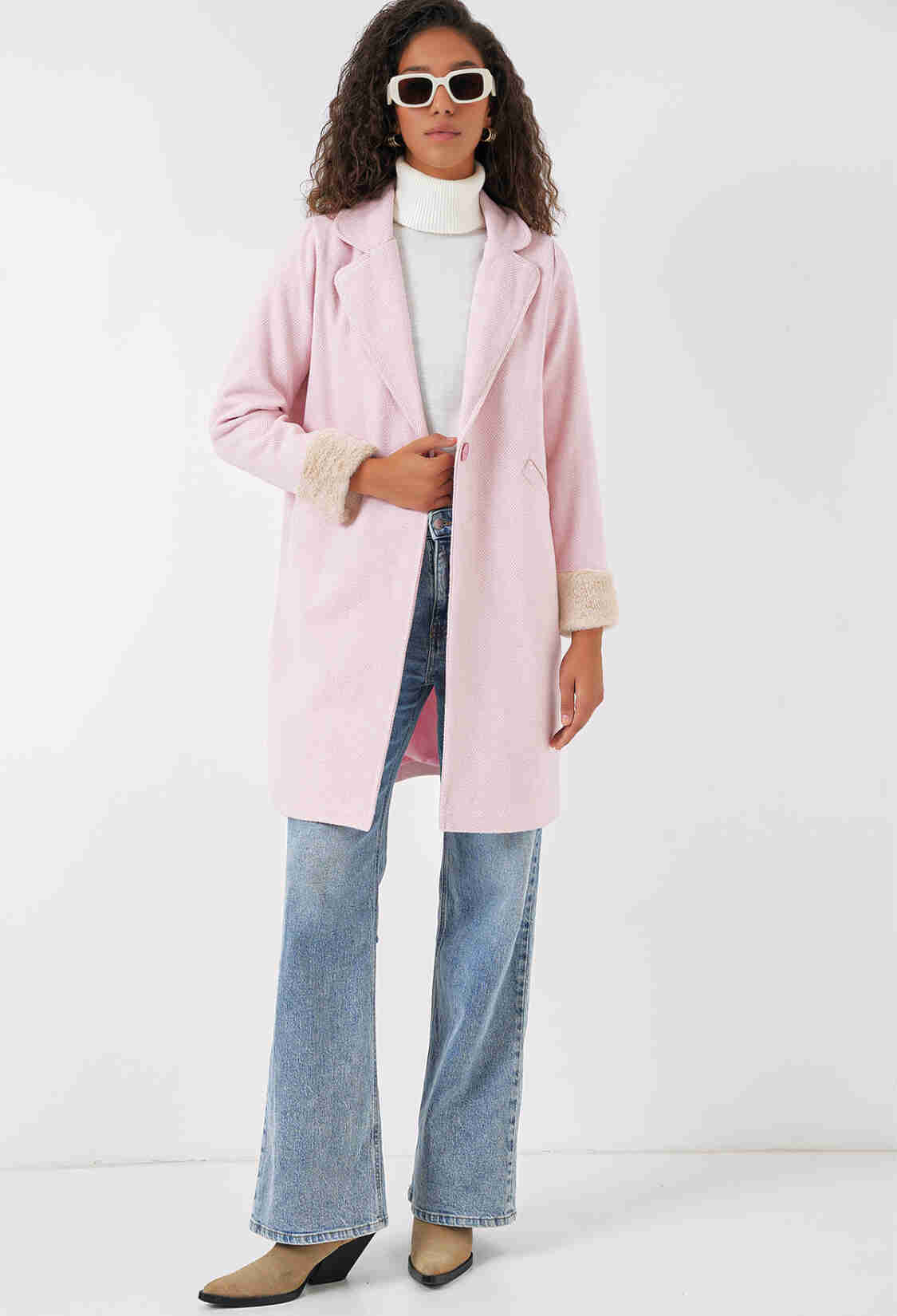 Herringbone Cashmere Coat With Feathered Sleeves - Powder - Brand: Bigdart - Women & Kids, Baby Clothes Wholesale - TheBS Women