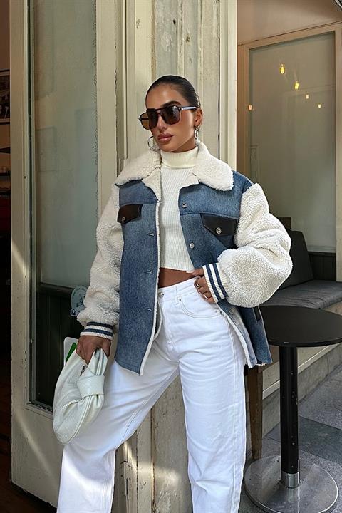 Pocket Detailed Jacket - Ecru & Blue - Brand: Sobe Istanbul - Women & Kids, Baby Clothes Wholesale - TheBS Women