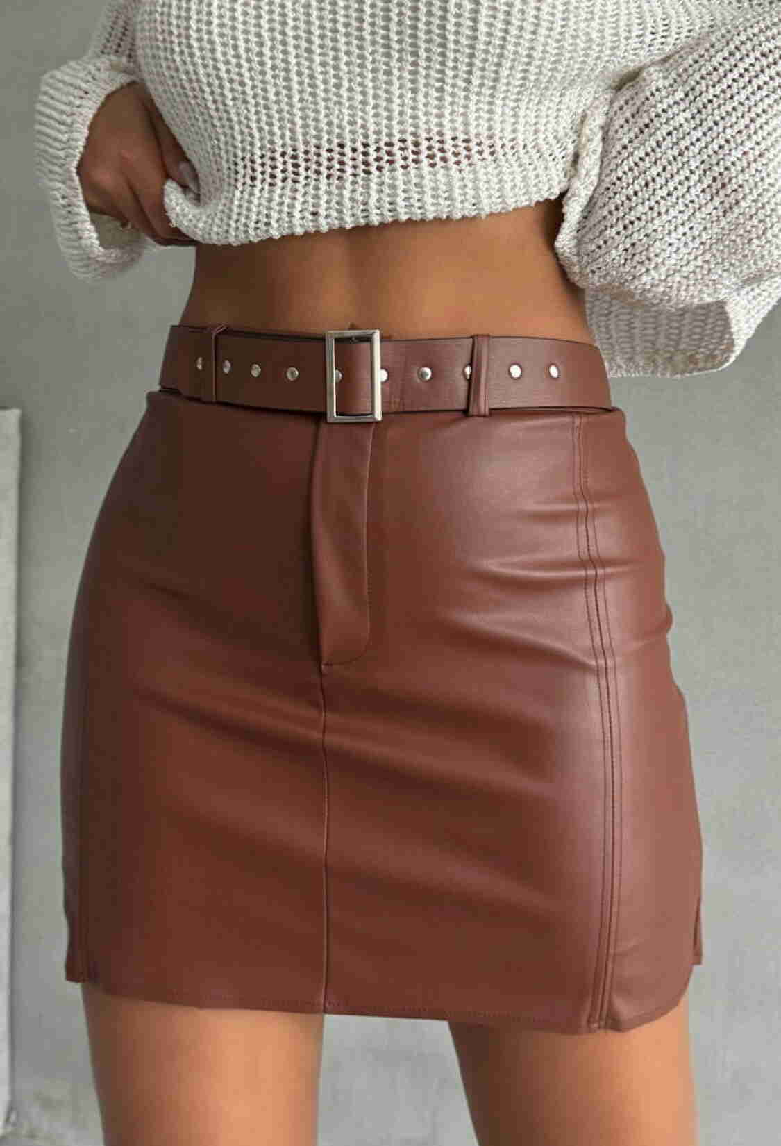 Leather Belted Skirt - Tan - Brand: Topshow - Women & Kids, Baby Clothes Wholesale - TheBS Women