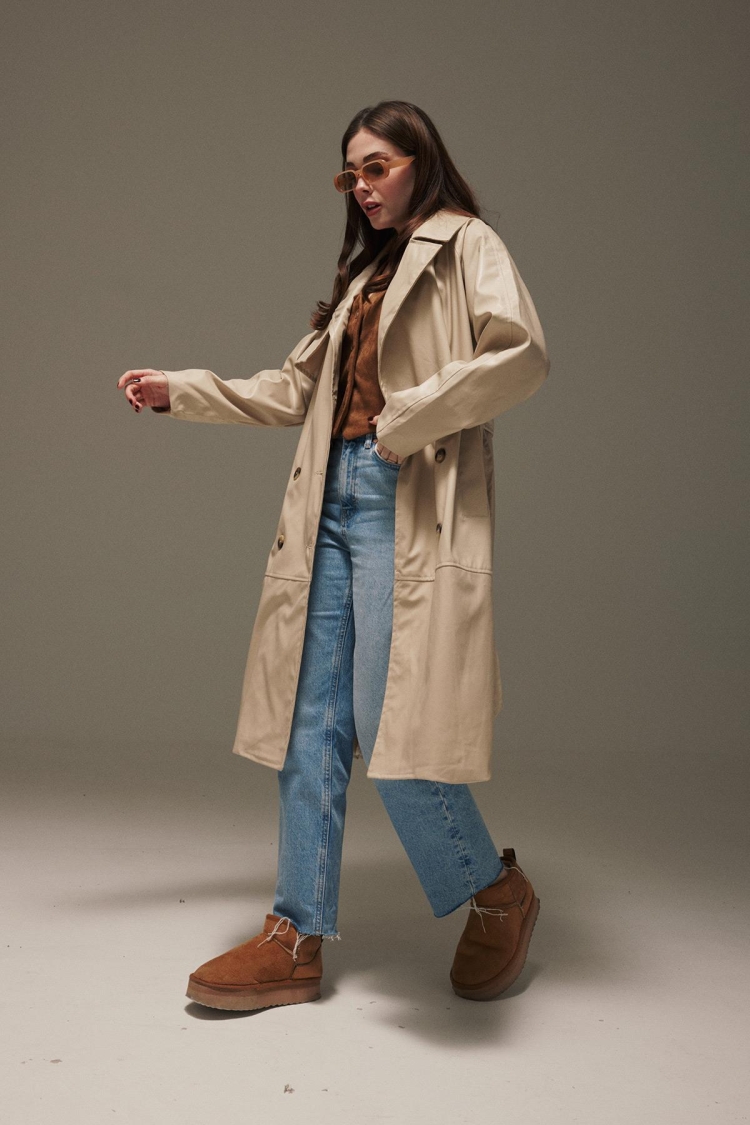 Leather Fabric Women's Trench Coat With Belted Waist - Brand: Levure - Women & Kids, Baby Clothes Wholesale - TheBS Women