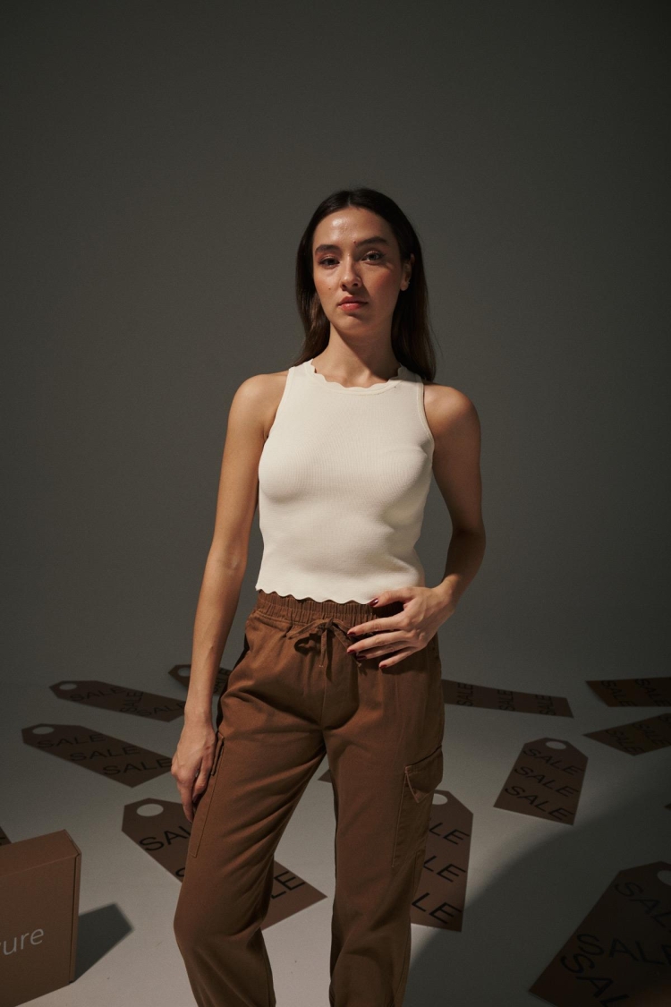 Gabardine Waist Elastic Women's Trousers - Tan - Brand: Levure - Women & Kids, Baby Clothes Wholesale - TheBS Women