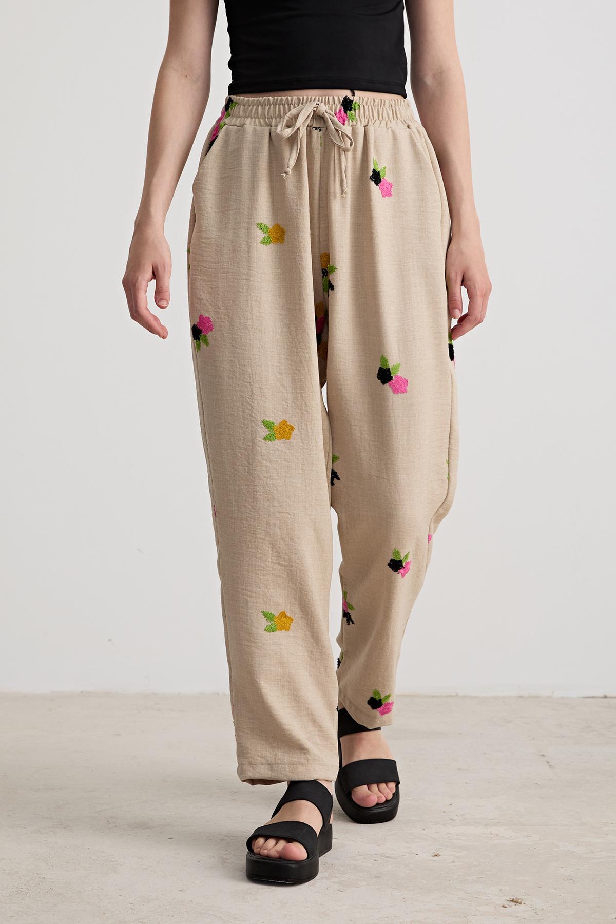 Women's Floral Patterned Elastic Waist Trousers Stone - Brand: Levure - Women & Kids, Baby Clothes Wholesale - TheBS Women