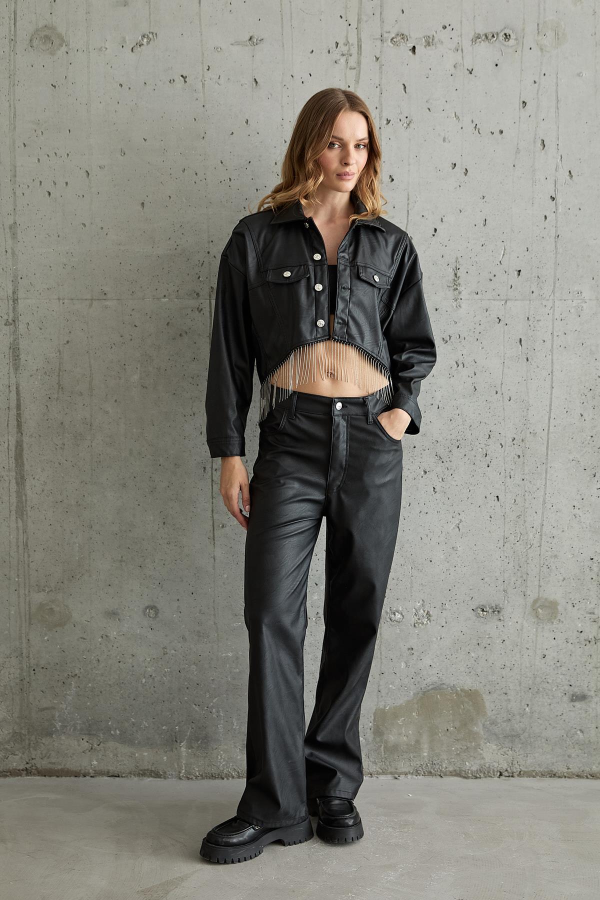 Chain Detailed Buttoned Leather Jacket Black - Brand: Levure - Women & Kids, Baby Clothes Wholesale - TheBS Women