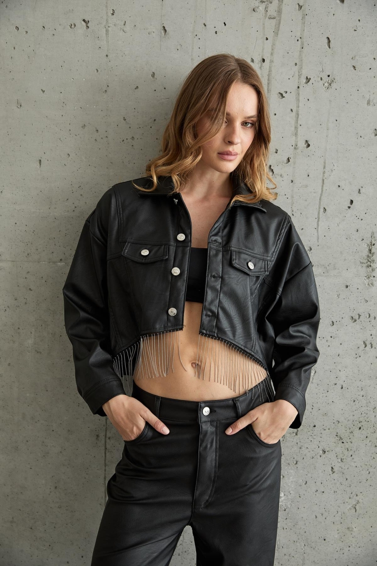 Chain Detailed Buttoned Leather Jacket Black - Brand: Levure - Women & Kids, Baby Clothes Wholesale - TheBS Women