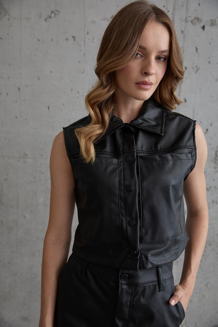 Snap Detail Sleeveless Leather Vest Black - Brand: Levure - Women & Kids, Baby Clothes Wholesale - TheBS Women