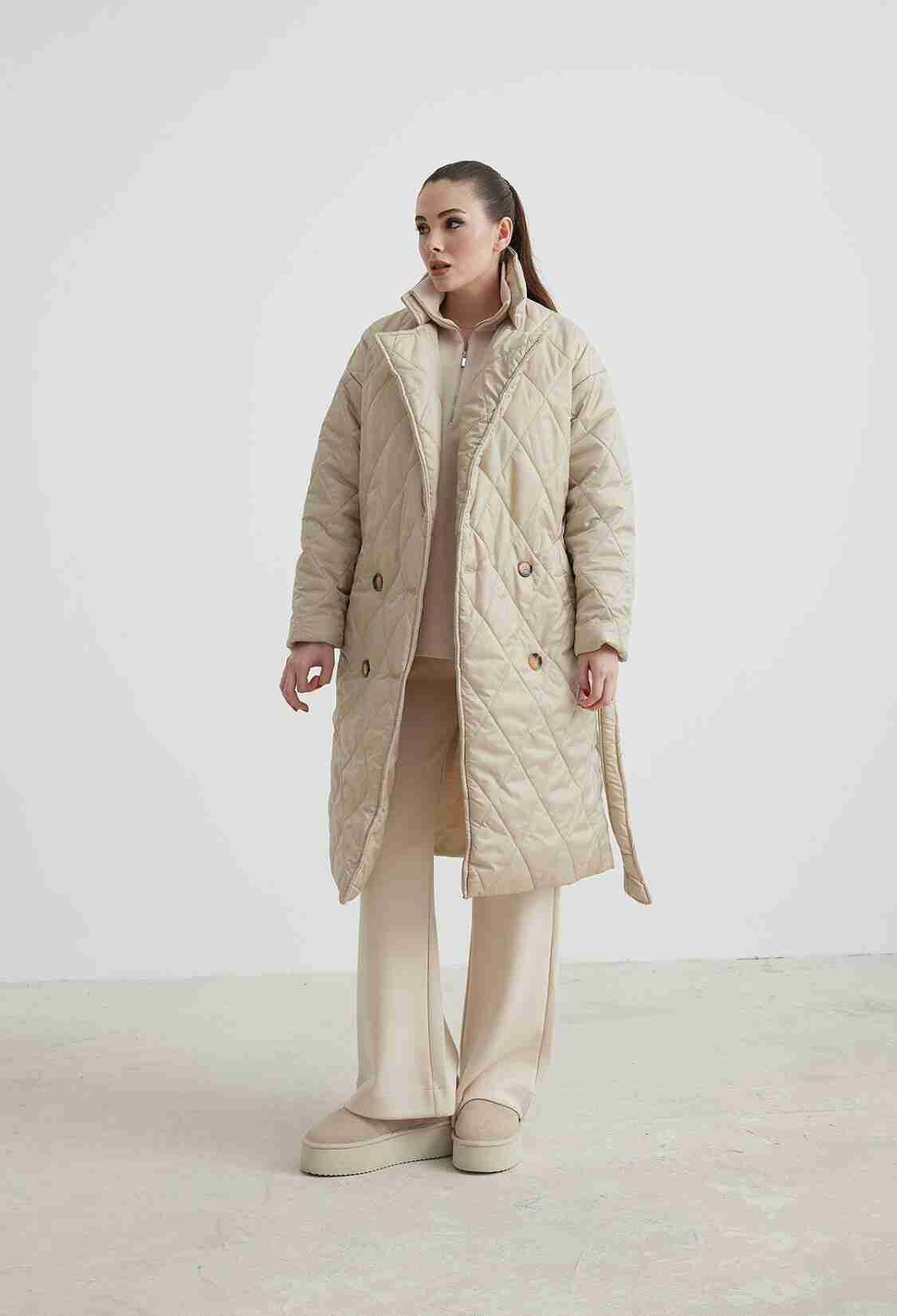 Jacket Collar Waist Belted Quilted Long Women's Coat - Brand: Levure - Women & Kids, Baby Clothes Wholesale - TheBS Women