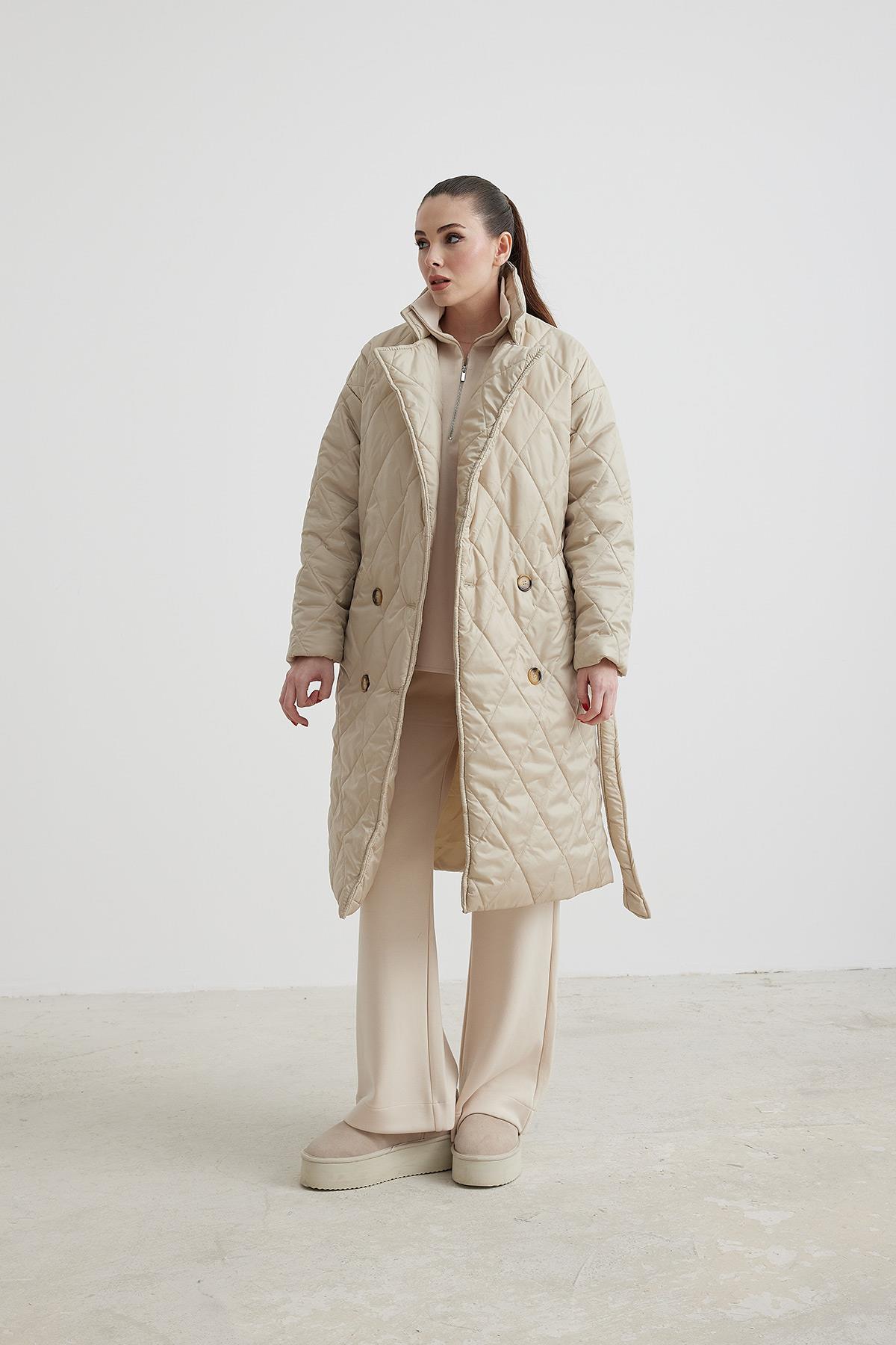 Jacket Collar Waist Belted Quilted Long Women's Coat - Brand: Levure - Women & Kids, Baby Clothes Wholesale - TheBS Women