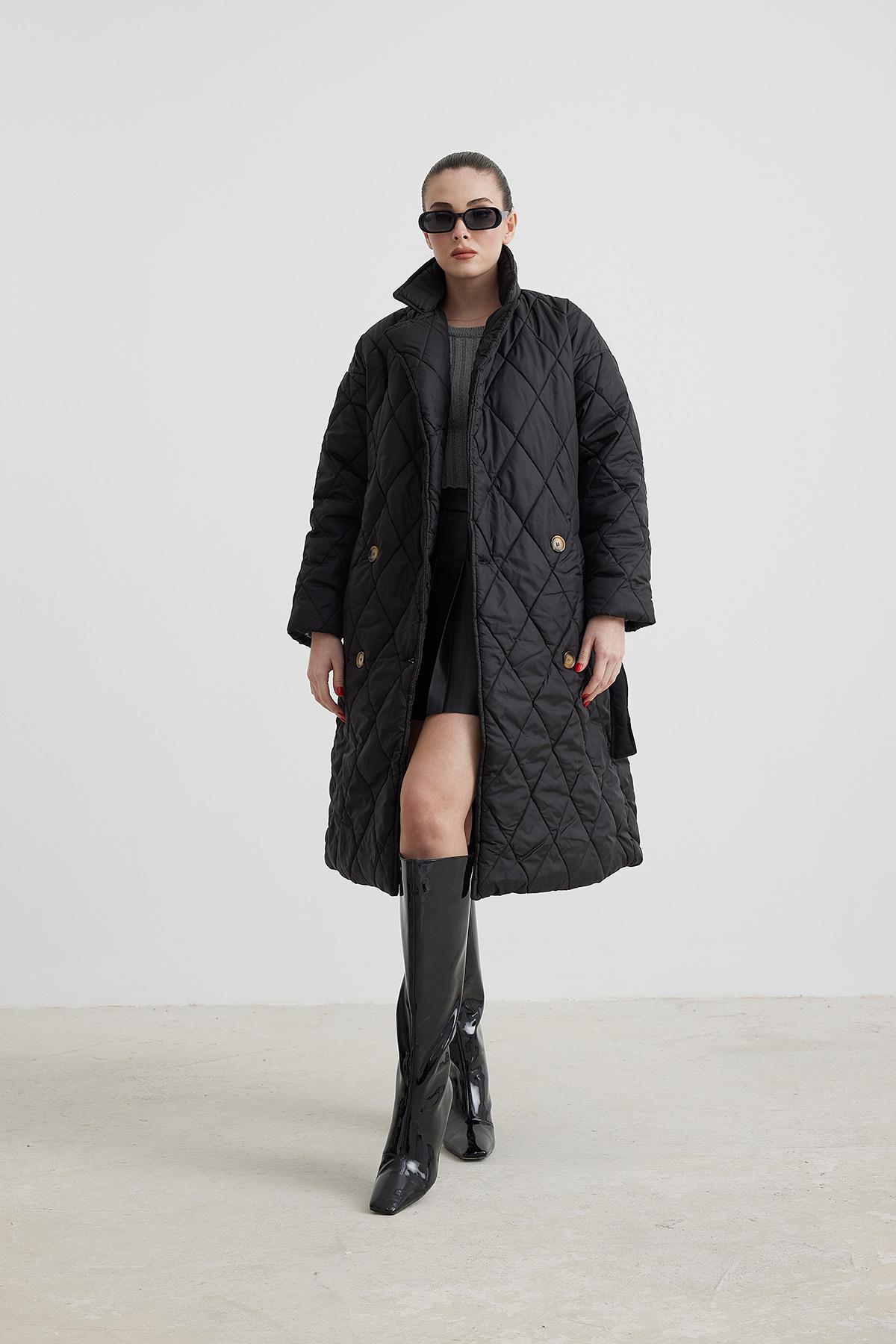 Jacket Collar Waist Belted Quilted Long Women's Coat - Brand: Levure - Women & Kids, Baby Clothes Wholesale - TheBS Women