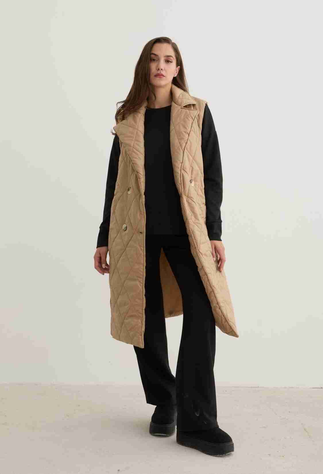 Quilted Vest With Button Front And Waist Belt Detail In - Brand: Levure - Women & Kids, Baby Clothes Wholesale - TheBS Women