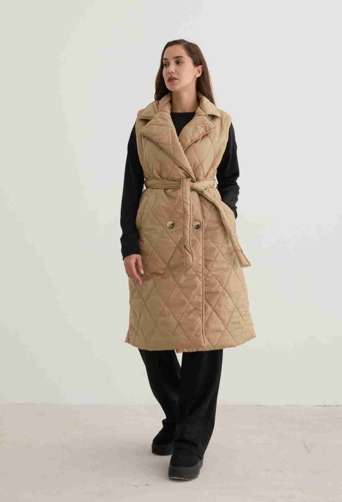 Quilted Vest With Button Front And Waist Belt Detail In - Brand: Levure - Women & Kids, Baby Clothes Wholesale - TheBS Women