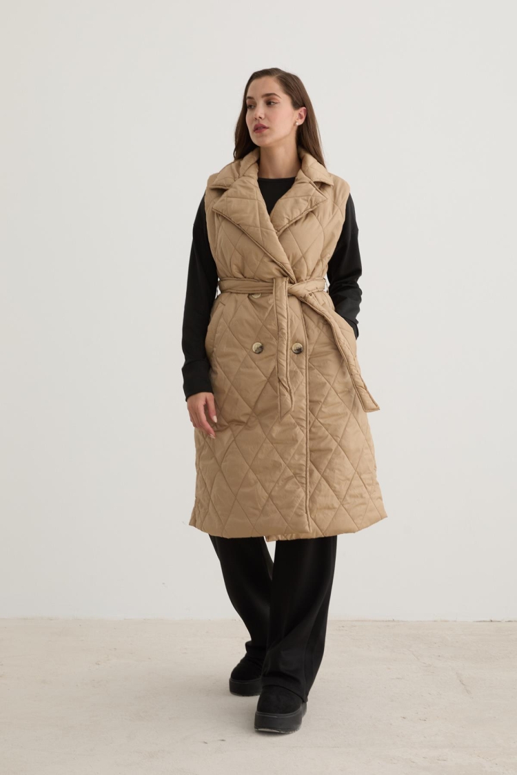 Quilted Vest With Button Front And Waist Belt Detail In - Brand: Levure - Women & Kids, Baby Clothes Wholesale - TheBS Women