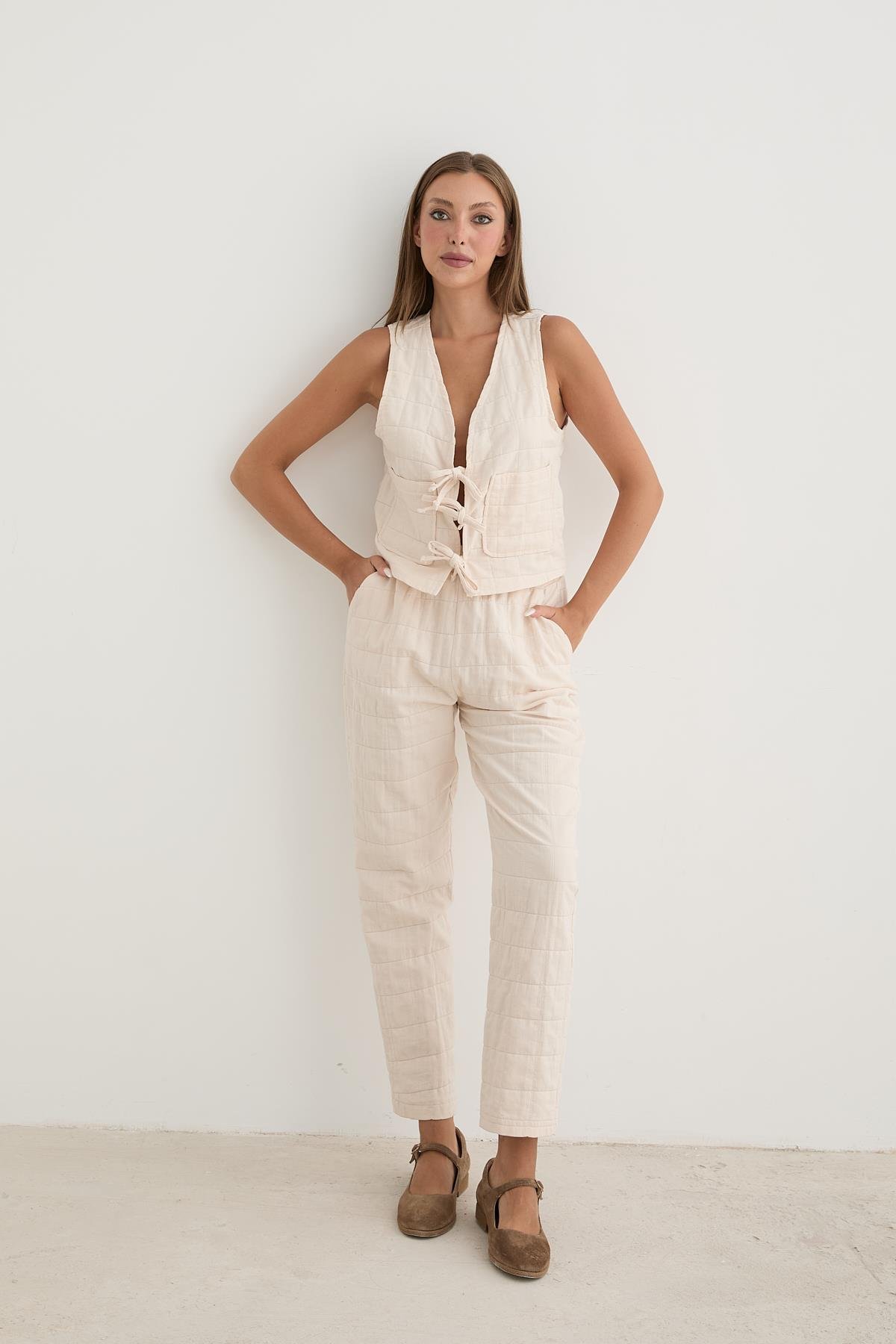 Women's Waist Cord Detail Patterned Quilted Trousers - Brand: Levure - Women & Kids, Baby Clothes Wholesale - TheBS Women