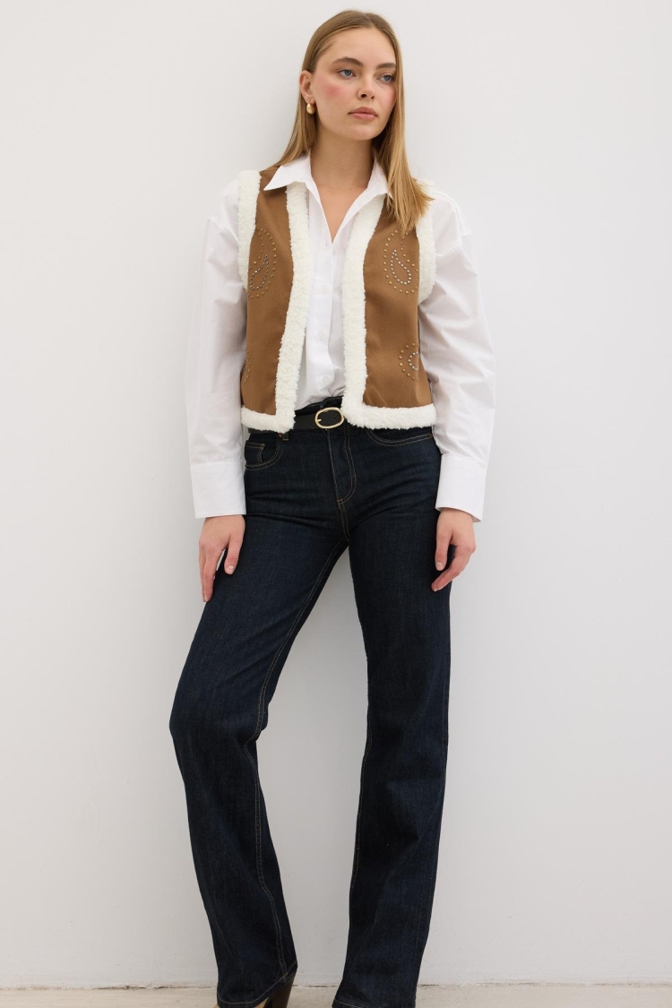 Garni Curly Detailed Stone Patterned Gabardine Vest Camel - Brand: Levure - Women & Kids, Baby Clothes Wholesale - TheBS Women
