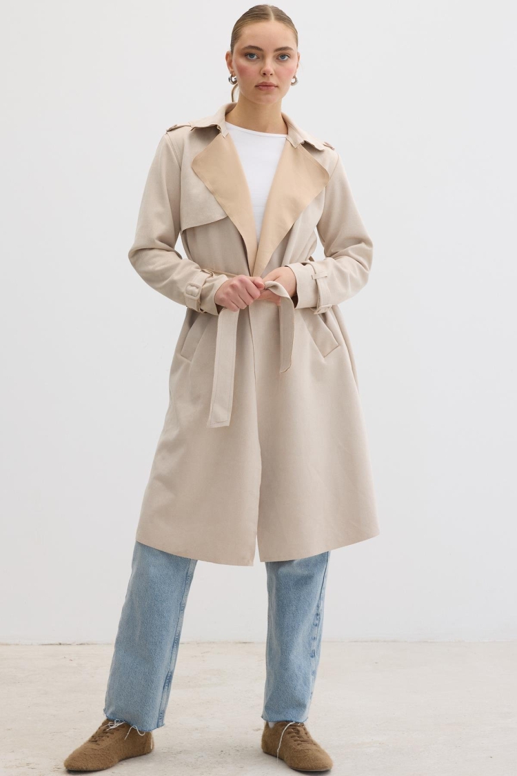 Button Detailed Waist Belted Suede Trench Coat - Brand: Levure - Women & Kids, Baby Clothes Wholesale - TheBS Women
