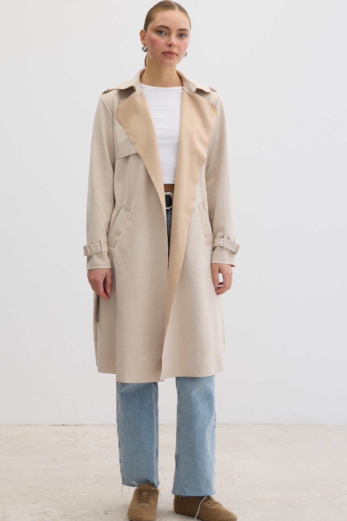 Button Detailed Waist Belted Suede Trench Coat - Brand: Levure - Women & Kids, Baby Clothes Wholesale - TheBS Women