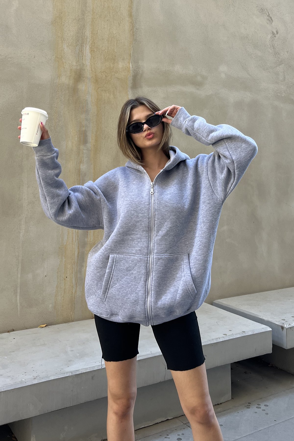 Zippered Raised Oversize Sweatshirt – Gray – Brand: la & vetta – Women & Kids, Baby Clothes Wholesale – TheBS Women