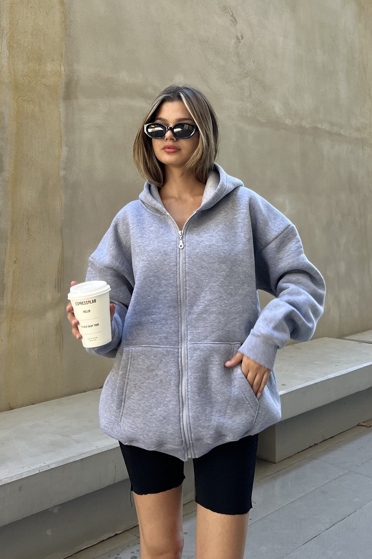 Zippered Raised Oversize Sweatshirt – Gray – Brand: la & vetta – Women & Kids, Baby Clothes Wholesale – TheBS Women