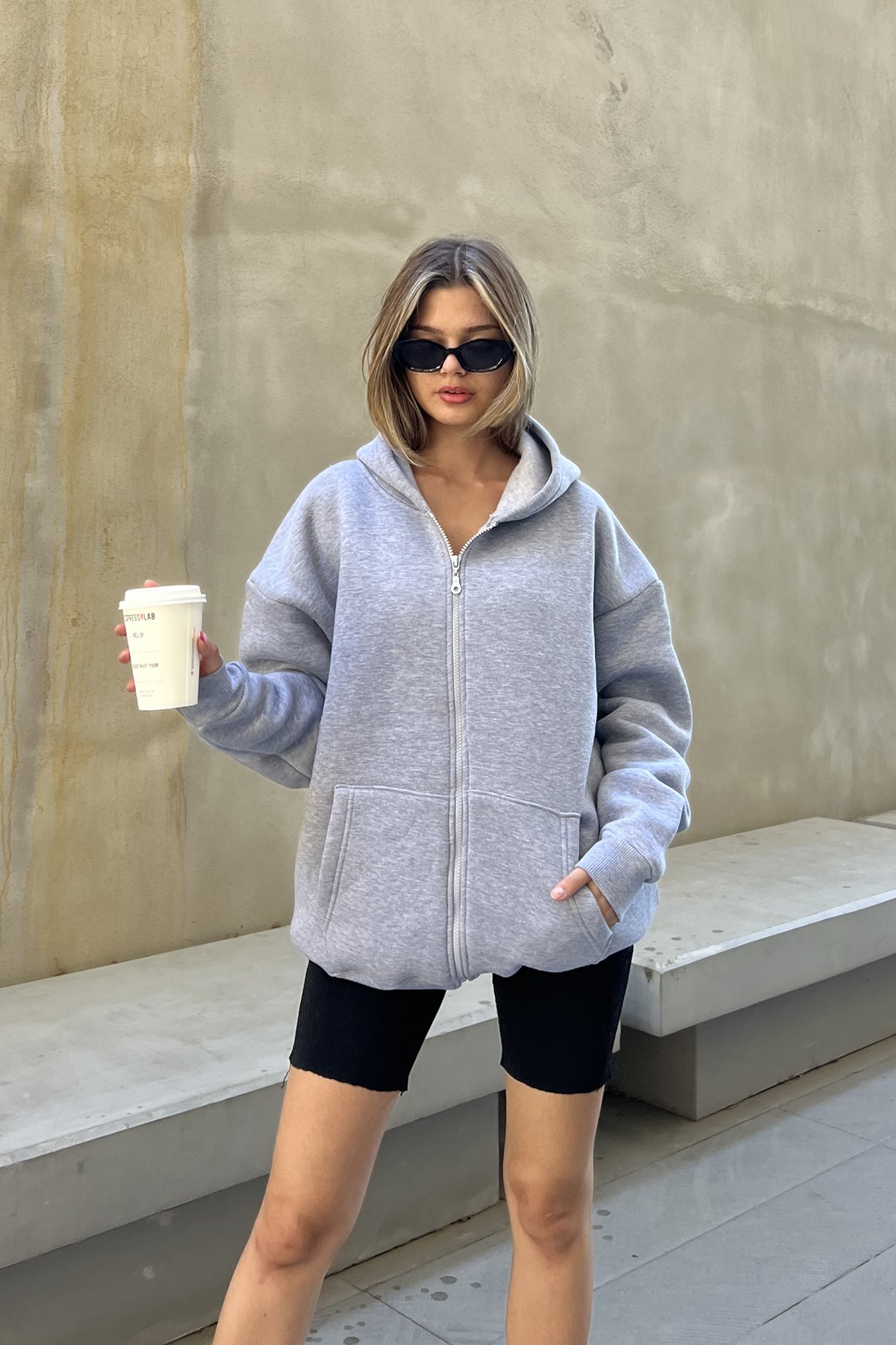 Zippered Raised Oversize Sweatshirt – Gray – Brand: la & vetta – Women & Kids, Baby Clothes Wholesale – TheBS Women