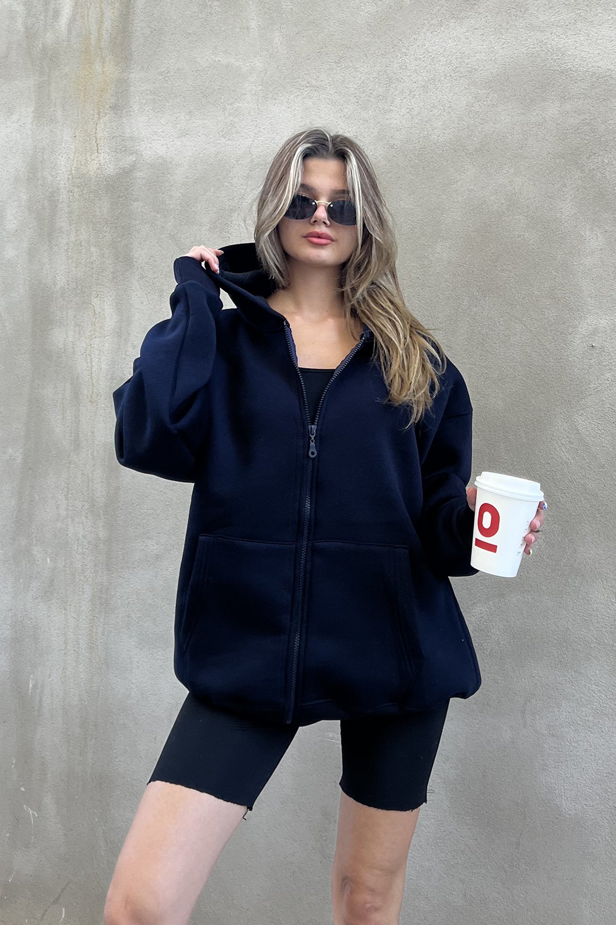 Zippered Raised Oversize Sweatshirt - Navy Blue - Brand: la & vetta - Women & Kids, Baby Clothes Wholesale - TheBS Women