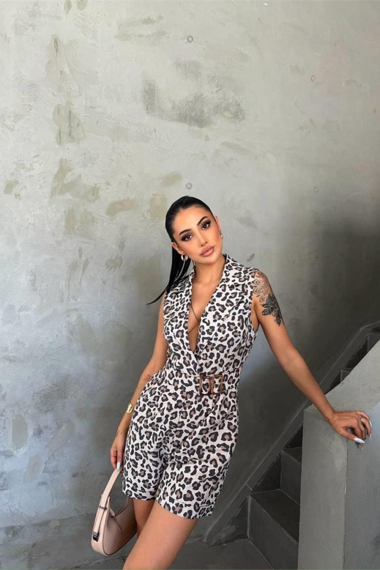 Leopard Jumpsuit With Buckle Detail - Brown - Brand: Ello - Women & Kids, Baby Clothes Wholesale - TheBS Women