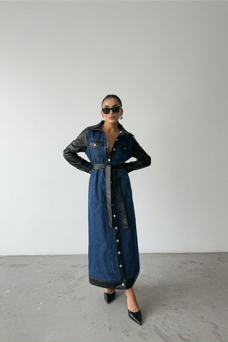 Leather Detailed Buttoned Denim Dress - Blue & Black - Brand: Ello - Women & Kids, Baby Clothes Wholesale - TheBS Women