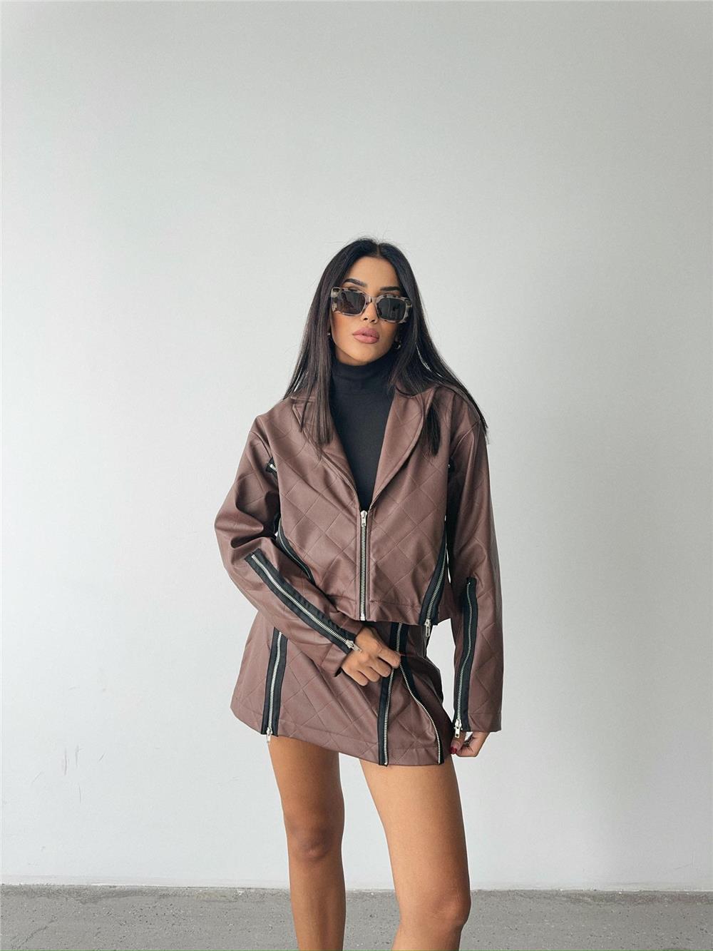 Zippered Quilted Leather Skirt Tan - Brand: Ello - Women & Kids, Baby Clothes Wholesale - TheBS Women