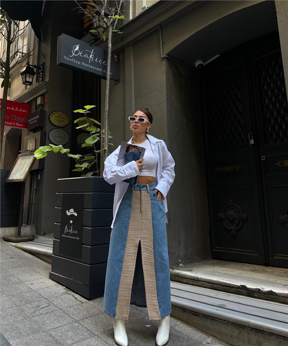 Pieced Long Front Slit Denim Skirt - Brand: Ello - Women & Kids, Baby Clothes Wholesale - TheBS Women